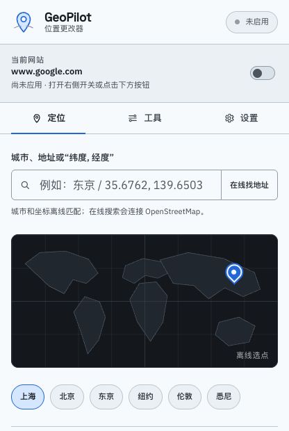 GeoPilot popup showing a selected location, offline world map, and per-site controls